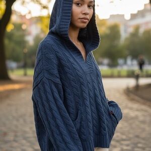 American Eagle Outfitters Navy V-Neck Cable Knit Sweater